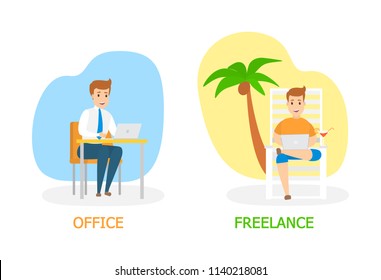 Freelance vs. office work concept. Man sitting on the chaise lounge under the palm tree and working remotely. Young handsome businessman working in office. Isolated flat vector illustration