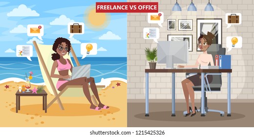 Freelance vs. office work concept. Woman sitting on the chaise lounge and working remotely. Young business woman working in office. Isolated flat vector illustration