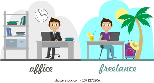 Freelance vs office work concept. Young handsome businessman is working in the office. A young man sits under a palm tree and works remotely. Flat Vector Illustration