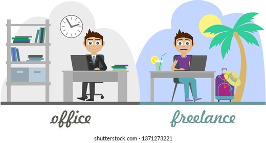 Freelance vs office work concept. Young handsome businessman is working in the office. A young man sits under a palm tree and works remotely. Flat Vector Illustration