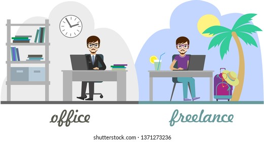 Freelance vs office work concept. Young handsome businessman is working in the office. A young man sits under a palm tree and works remotely. Flat Vector Illustration