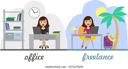Freelance vs office work concept. Young beautiful business woman  is working in the office. A young girl sits under a palm tree and works remotely. Flat Vector Illustration