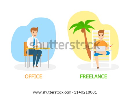 Freelance vs. office work concept. Man sitting on the chaise lounge under the palm tree and working remotely. Young handsome businessman working in office. Isolated flat vector illustration