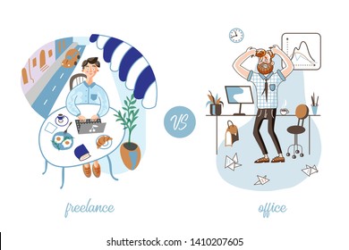Freelance vs office work vector illustration. Comparing flexible and traditional work schedule. Cartoon freelancer sitting at cafe table. Angry manager, banker, accountant tired of stressful timetable