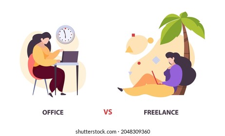 Freelance vs office work. Woman with laptop in diverce location vector concept