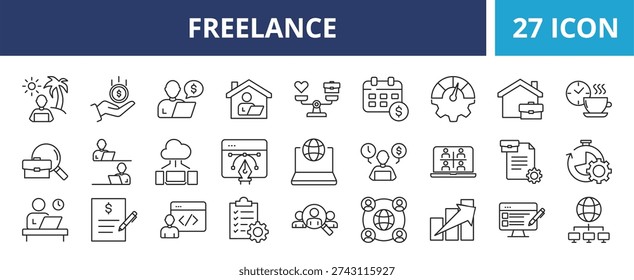 Freelance web banner icon set outline multistyle vector illustrations concept, including working from home, freelancer, laptop, meeting, business, online job, home office and more
