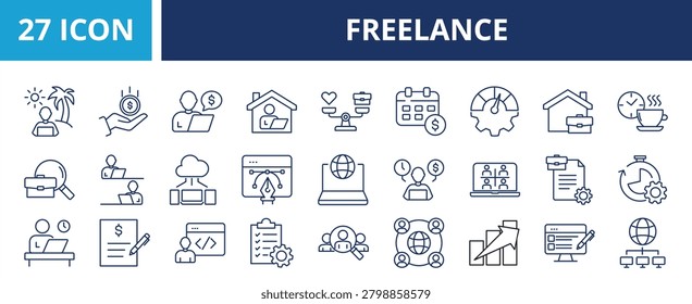 Freelance web banner icon set outline vector illustrations concept with icon freelance, freelancer, freelancing, remote work, work from home, digital nomad, online business