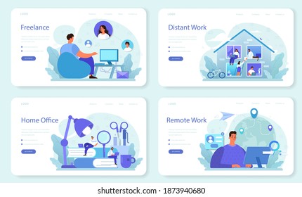 Freelance web banner or landing page set. People working remotely through the internet. Idea of jop independency and free schedule. Time management, work efficiency. Vector flat illustration