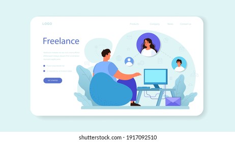 Freelance Web-Banner oder Landing-Seite. Menschen, die ferngesteuert über das Internet arbeiten. Idee von der Unabhängigkeit der Arbeitsplätze und freien Zeitplan. Zeitmanagement, Arbeitseffizienz. Vektorgrafik