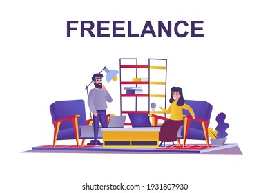 Freelance web concept in flat style. People working distantly at home office, remote workers, freelancers, self-employed occupation scene. Vector illustration of cartoon characters for website design