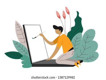 Freelance web designer freelancer isolated character at laptop with paintbrush abstract plants computer and painting online creative occupation distance work modern technologies and art design