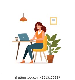 Freelance Woman Focused on Laptop Work in a Stylish Home Office with Plants and Pendant Lamp