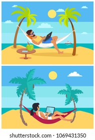 Freelance woman and man, working and lying in hammock, sunshine and weather, set of freelance workers collection, isolated on vector illustration