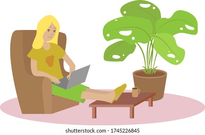 Freelance woman with notebook laptop. She sits on sofa with her feet on a table. Flat coronavirus work from home computer job concept, vector .