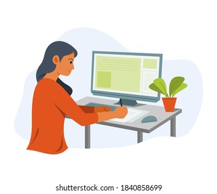 Freelance Woman is Online Working with Computer.