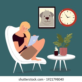 freelance woman sitting on the chair and working on laptop, work at home vector illustration