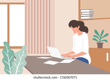 Freelance woman work in comfortable conditions set vector flat illustration.
 Freelancer character working from home,
convenient workplace. woman self employed concept