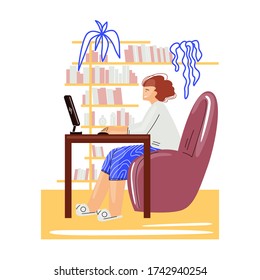 Freelance woman work in comfortable cozy home office vector flat illustration. Freelancer girl character working from home at relaxed pace, self employed concept