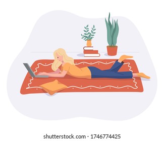 Freelance woman work from home comfortable space on carpet with computer flat style vector illustration isolated on white. Freelancer girl self employed concept working online