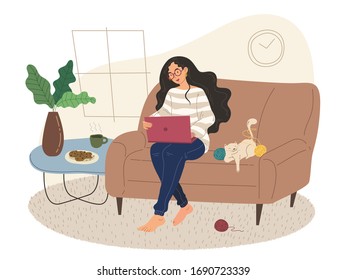 Freelance woman work at home vector flat illustration. Freelancer character working from home. Woman sitting in living room and using laptop with a cat sitting beside.