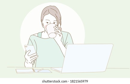 Freelance woman working at home, business female working on laptop and using mobile phone drinking coffee sitting on table, Lifestyle women working at home concept, Simple flat illustration