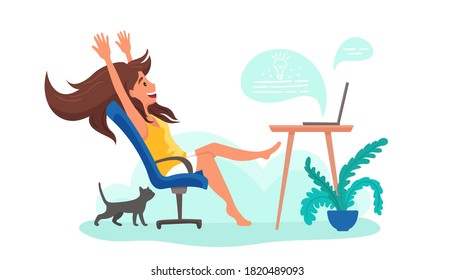 Freelance woman working from home in her room at laptop, dressed in home clothes with a cat. Online study, distance education, quarantine concept. Vector illustration isolated on white background. 