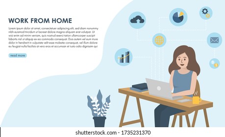 Freelance woman working with laptop at home office, connecting online network, surrounding with business icons. Remote working, self employed and business concept. Flat vector illustration. Copy space