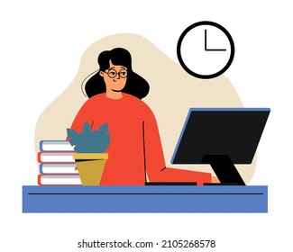 Freelance woman working on computer at her house. Freelance or studying concept. Woman working at her desk at home.