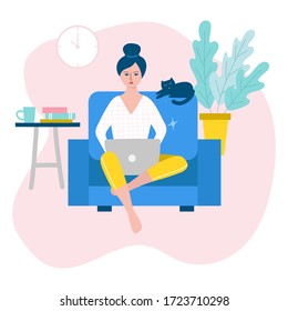 Freelance woman working on laptop at her house. Work at home concept design. Vector illustration