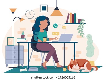 Freelance woman working on laptop at house with pet. Work at home and stay safe concept design. Stock vector illustration isolated on white background