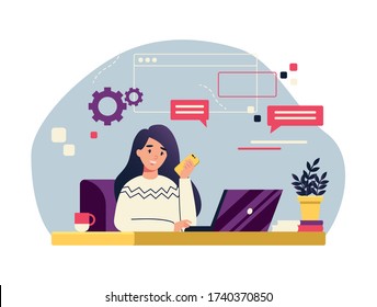 Freelance woman working on laptop. Working from home, remote job. Brainstorm. Content manager. Female multitasking skill, e-learning concept. Cartoon flat vector illustration.