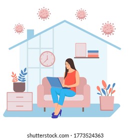 Freelance woman working on laptop . Work From Home Illustration Concept