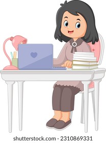 Freelance woman working on laptop at her house of illustration