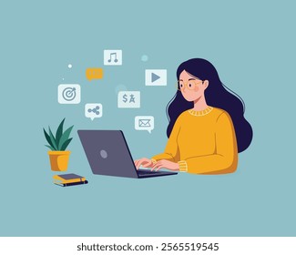 Freelance Woman Working on Laptop - Digital Illustration of Online Work and Communication