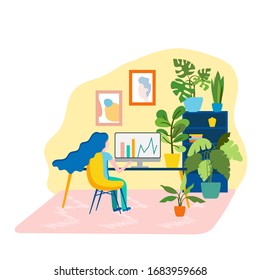 Freelance woman working online on computer, female sitting in a chair behind desk in cozy interior with lots of houseplants. Concept of work at home during quarantine. Flat vector illustration