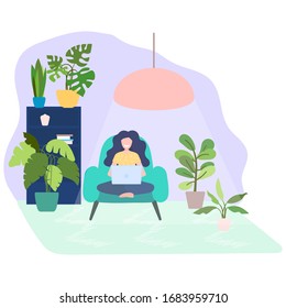 Freelance woman working online on laptop, female sitting in chair in cozy interior with lots houseplants. Concept of work at home during quarantine. Online education at home. Flat vector illustration