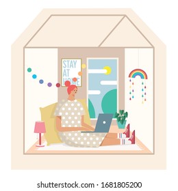 Freelance woman working relaxed at home during quarantine, with rainbow decoration with the concept, everything will be fine, stay at home.