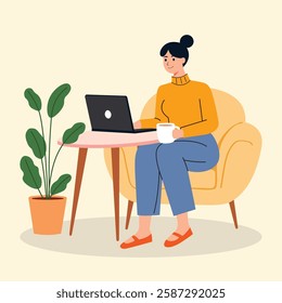 Freelance Woman Working Remotely – Flat Illustration