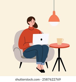 Freelance Woman Working Remotely – Flat Illustration