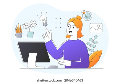 Freelance woman working. Young girl typing at computer, copywriter, dressed in home clothes. Work from apartment, remote earnings. Cartoon flat vector illustration isolated on white background