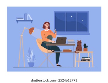 Mulher freelance no trabalho. Jovem trabalha em casa. Trabalhador remoto com ganhos online. Freelancer no local de trabalho confortável. Ilustração de vetor plano isolada no plano de fundo branco