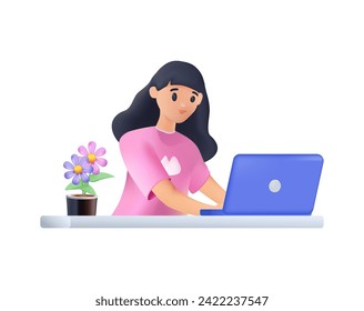 Una mujer independiente trabaja en la ilustración 3D del escritorio de la computadora. Persona feliz empleada en el equipo de sobremesa, tabla. Trabajador trabajando en el lugar de trabajo, escribiendo, navegando por Internet, usando la tecnología. Ilustración del vector