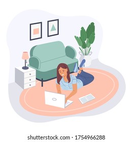 Freelance woman works and study in comfortable conditions vector flat cartoon illustration. Freelancer character working from home at relaxed pace, convenient workplace. Female self employed concept.