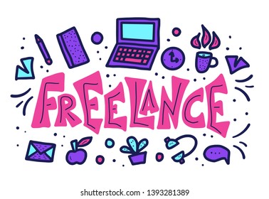 Freelance word in flat style. Hand drawn lettering with job design elements isolated. Work at home concept with text and decoration. Vector stylized typography.