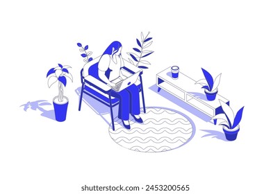 Freelance work 3d isometric concept in isometry graphic design for web. People scene with woman sitting at chair and working at laptop, doing tasks distantly and connect online. Vector illustration.