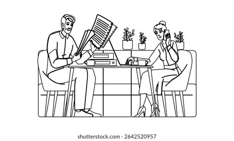 freelance work in cafe vector. productivity space, coffee ambiance, creativity flexibility freelance work in cafe character. people black line pencil drawing illustration