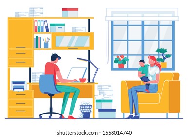 Freelance Work. Cartoon Man Type in Notebook on Table. Woman with Little Child Sitting on Couch Vector Illustration. Freelancer Typing. Distant Work Online. Father Mother Son Family at Home