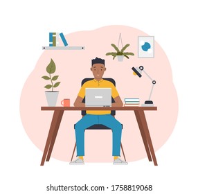 Freelance work in comfortable conditions. Man working from home. Flat vector illustration