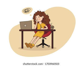 Trabajar de forma independiente en condiciones cómodas. Ilustración plana vectorial. Carácter de autoaislamiento trabajando desde el hogar, lugar de trabajo conveniente. Concepto de trabajadoras autónomas. Icono de flujo de trabajo
