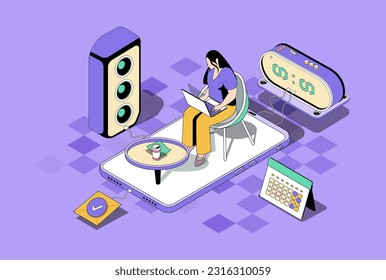 Freelance work concept in 3d isometric design. Woman work as freelancer at home office, doing tasks remotely and communicating online. Vector illustration with isometry people scene for web graphic